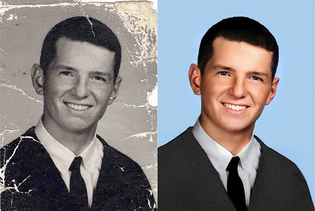 Before and after: a creased 1960s black-and-white graduation photo restored and colorized to a sharp 4K portrait
