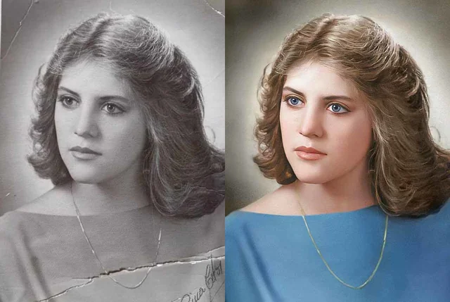 Before and after: a torn black-and-white portrait restored and colorized with natural skin tones and blue eyes