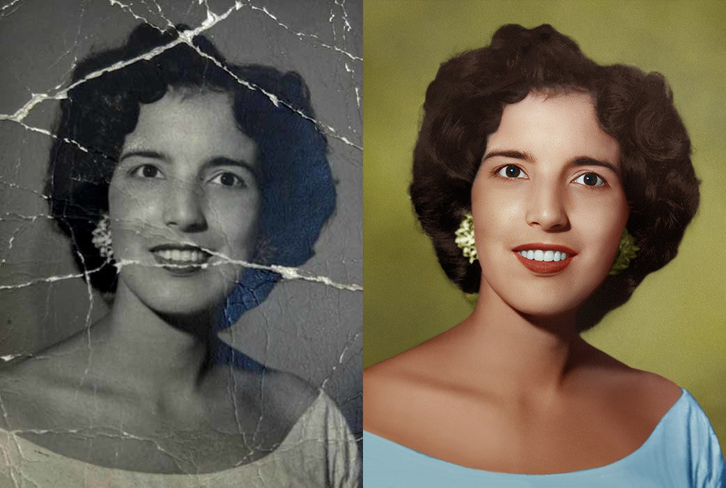 Before and after: a badly cracked 1950s photo restored and brought back in vivid color