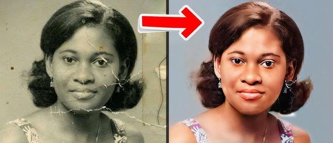 Before and after: an old creased ID photo restored and colorized into a fresh, natural-looking portrait