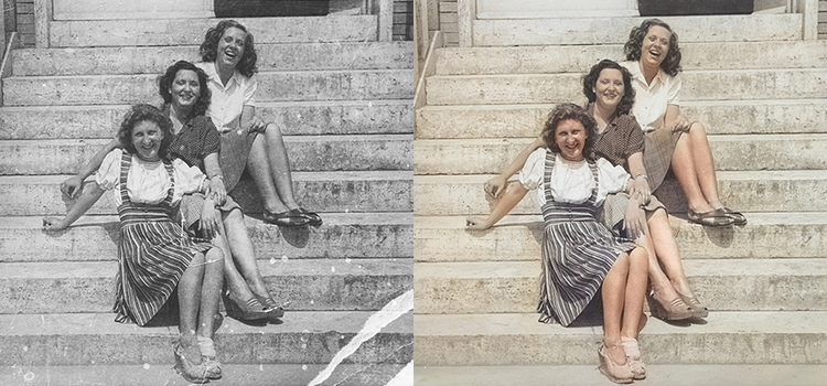 Before and after: a damaged vintage group photo on stone steps restored and colorized in full color with sharp detail
